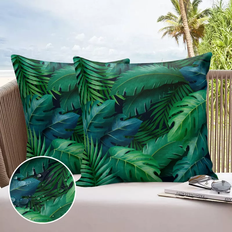 Housse de coussin imperméable à motif feuilles de plantes tropicales