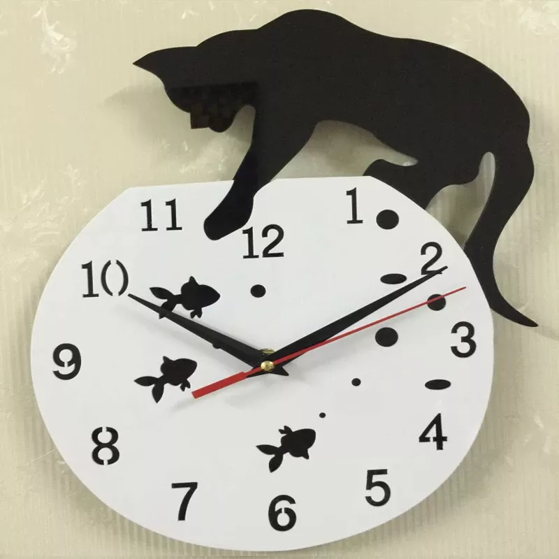 Horloge murale blanc à quartz à motif chat noir 3D